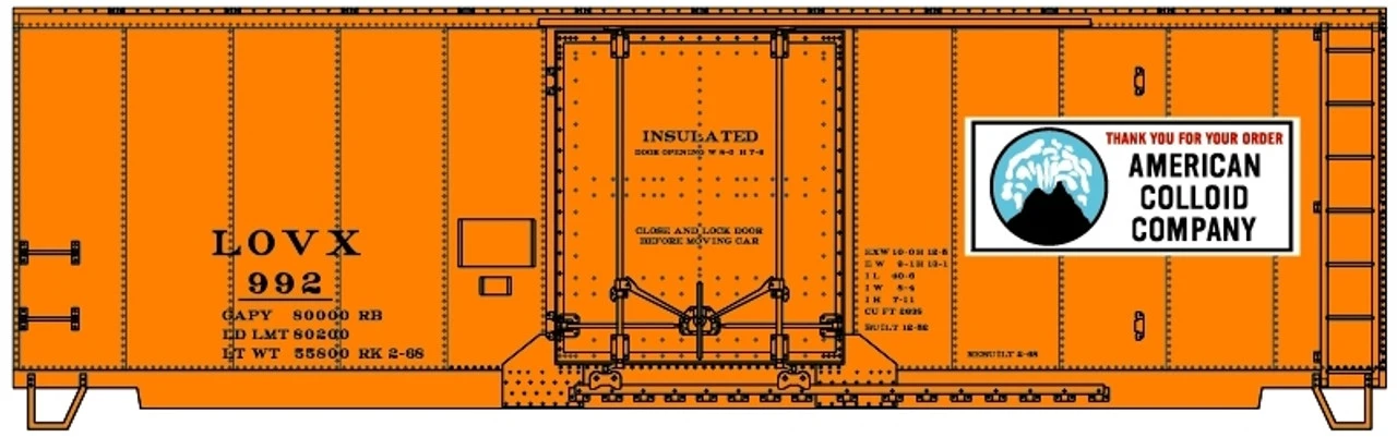 Accurail 81413 - 40' Insulated Steel Boxcar (Orange W/ Volcano Logo) American Colloid Company (LOVX) 992 - HO Scale Kit 1 Accurail 81413 - 40' Insulated Steel Boxcar (Orange W/ Volcano Logo) American Colloid Company (LOVX) 992 - HO Scale Kit