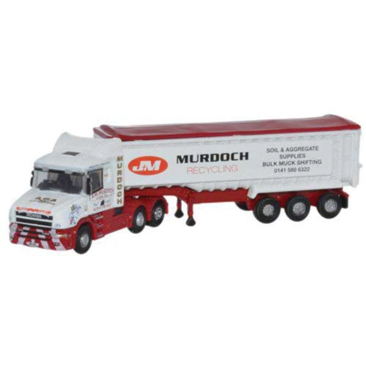 Oxford Diecast NTCAB003 - Scania T Cab Tractor With Dump Trailer - Assembled J&M Murdoch Recycling - HO Scale 1 Oxford Diecast NTCAB003 - Scania T Cab Tractor With Dump Trailer - Assembled J&M Murdoch Recycling - HO Scale