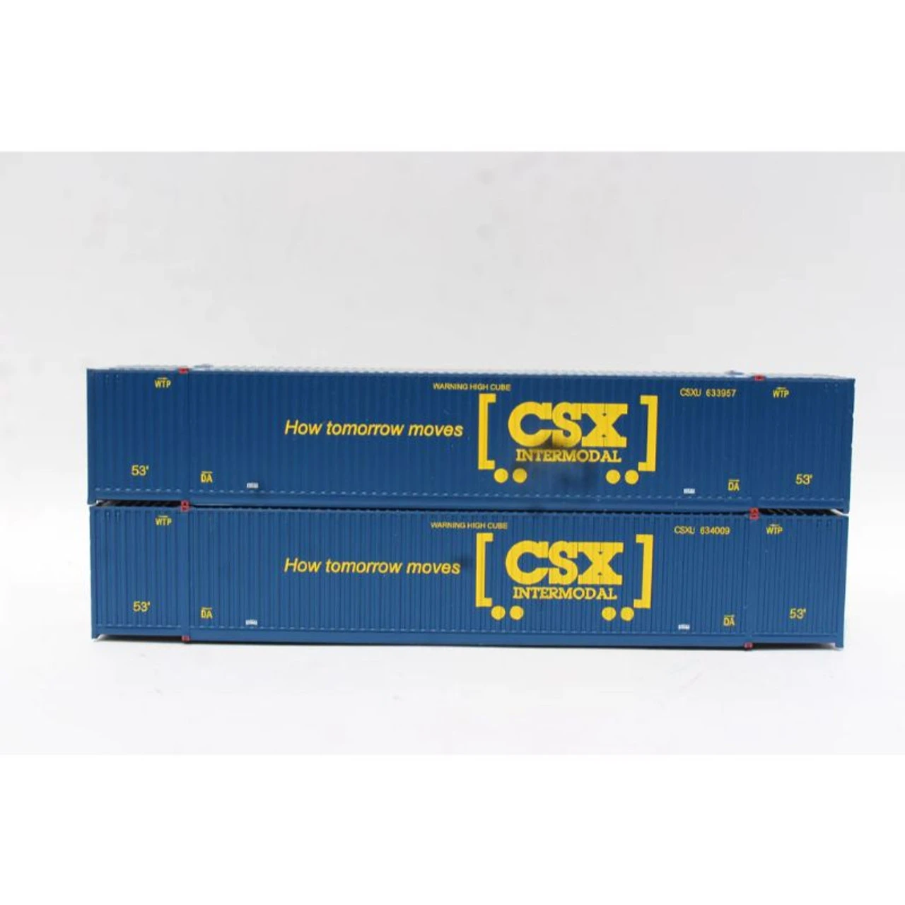 Jacksonville Terminal Co 537050 - 53' 8-55-8 Corrugated 4VO Containers, No Placard "America Moves" Set 1 CSX (CSXU) 633957, 634009 - N Scale 1 Jacksonville Terminal Co 537050 - 53' 8-55-8 Corrugated 4VO Containers, No Placard "America Moves" Set 1 CSX (CSXU) 633957, 634009 - N Scale