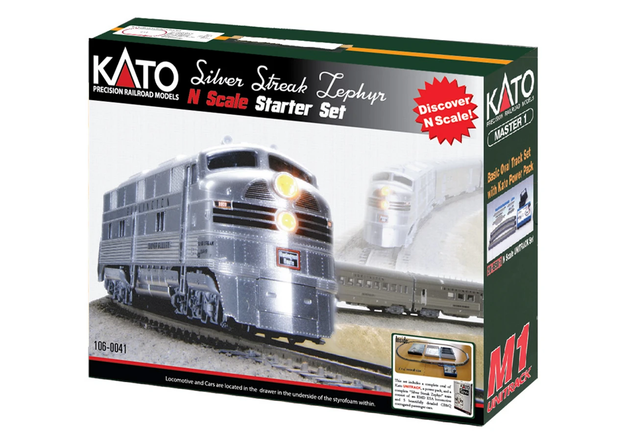 Kato 106-0041 - CB&Q Silver Streak Zephyr Stater Set - N Scale 1 Kato 106-0041 - CB&Q Silver Streak Zephyr Stater Set - N Scale