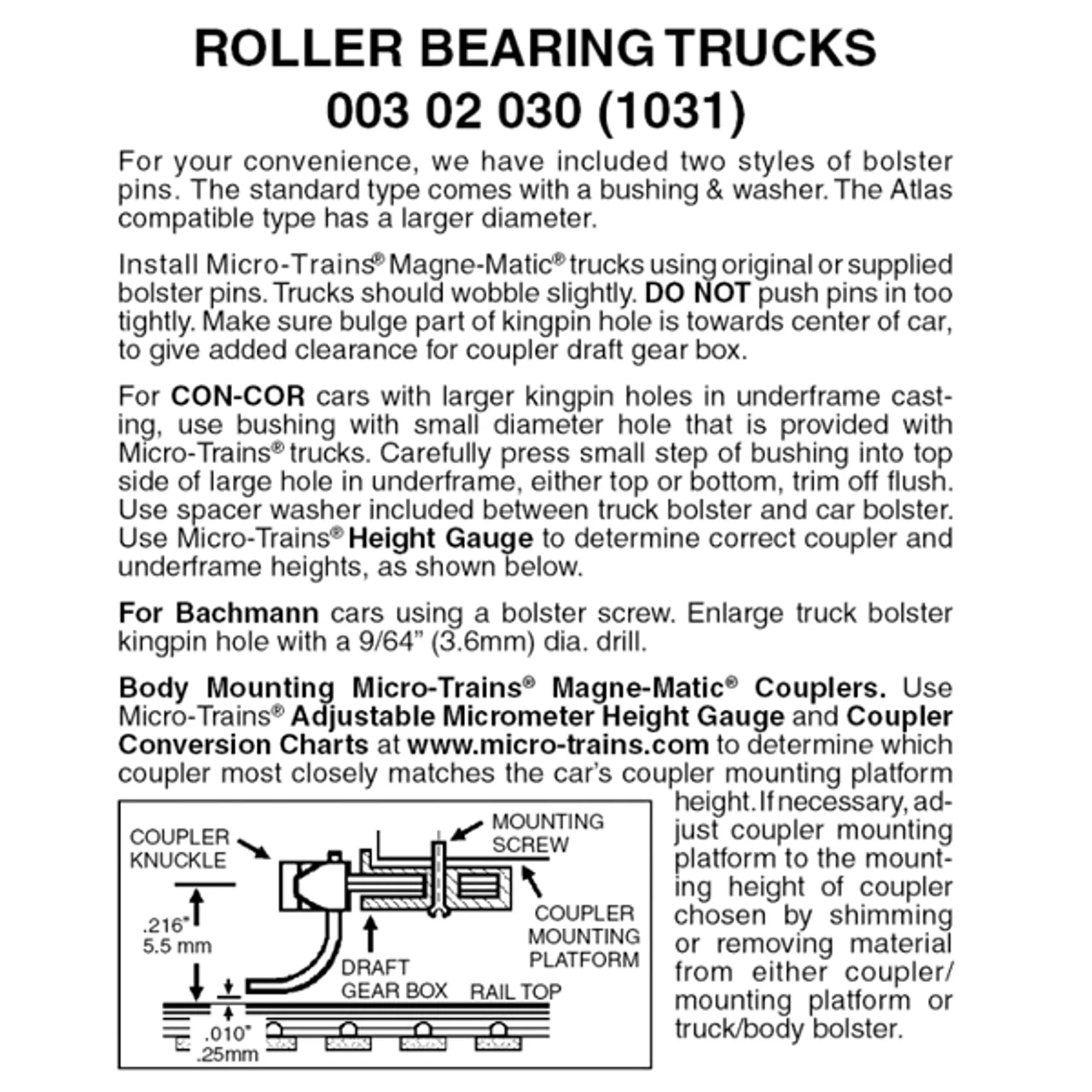 Micro-Trains 00302030 - Roller Bearing Trucks Without Couplers (1031) 1 Pair 1 Micro-Trains 00302030 - Roller Bearing Trucks Without Couplers (1031) 1 Pair
