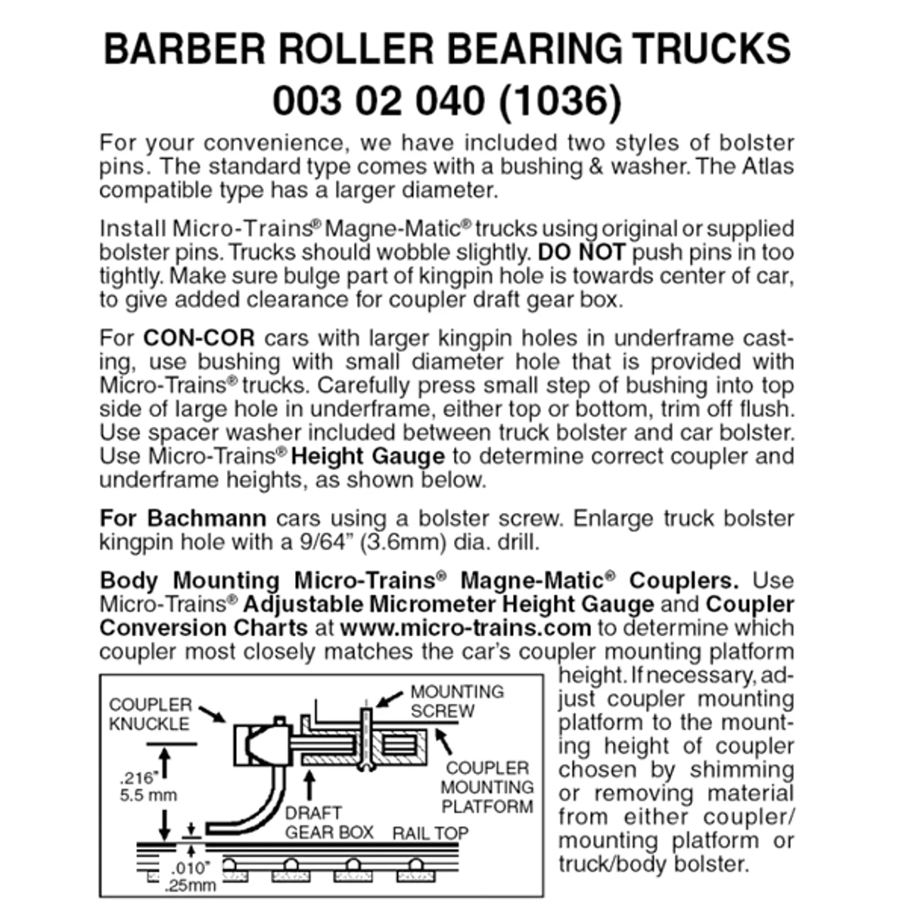 Micro-Trains 00302040 - Barber Roller Bearing Trucks Without Couplers (1036) 1 Pair 1 Micro-Trains 00302040 - Barber Roller Bearing Trucks Without Couplers (1036) 1 Pair