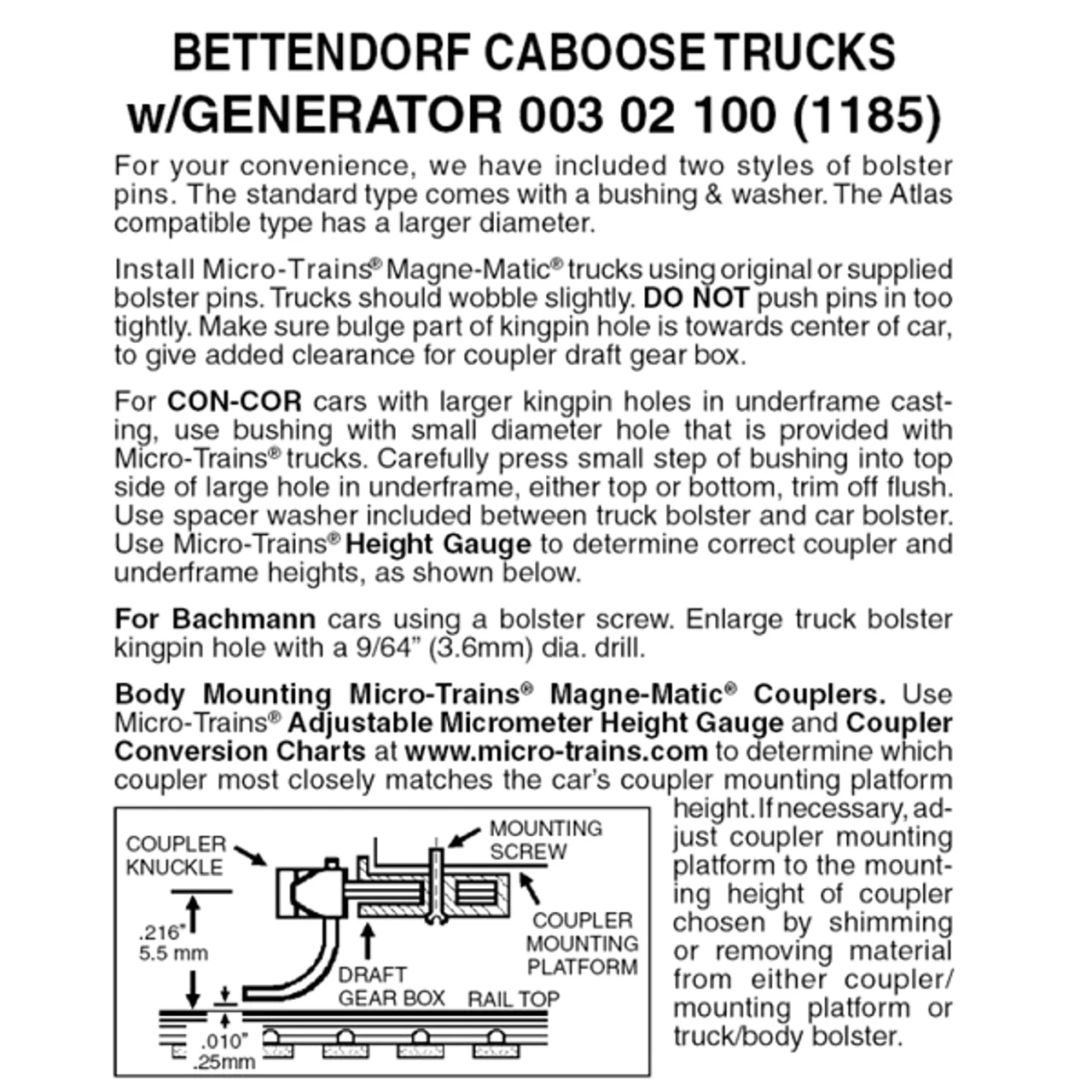 Micro-Trains 00302100 - Swing Motion Caboose Truck W/ Generator, No Couplers (1185) 1 Pair 1 Micro-Trains 00302100 - Swing Motion Caboose Truck W/ Generator, No Couplers (1185) 1 Pair