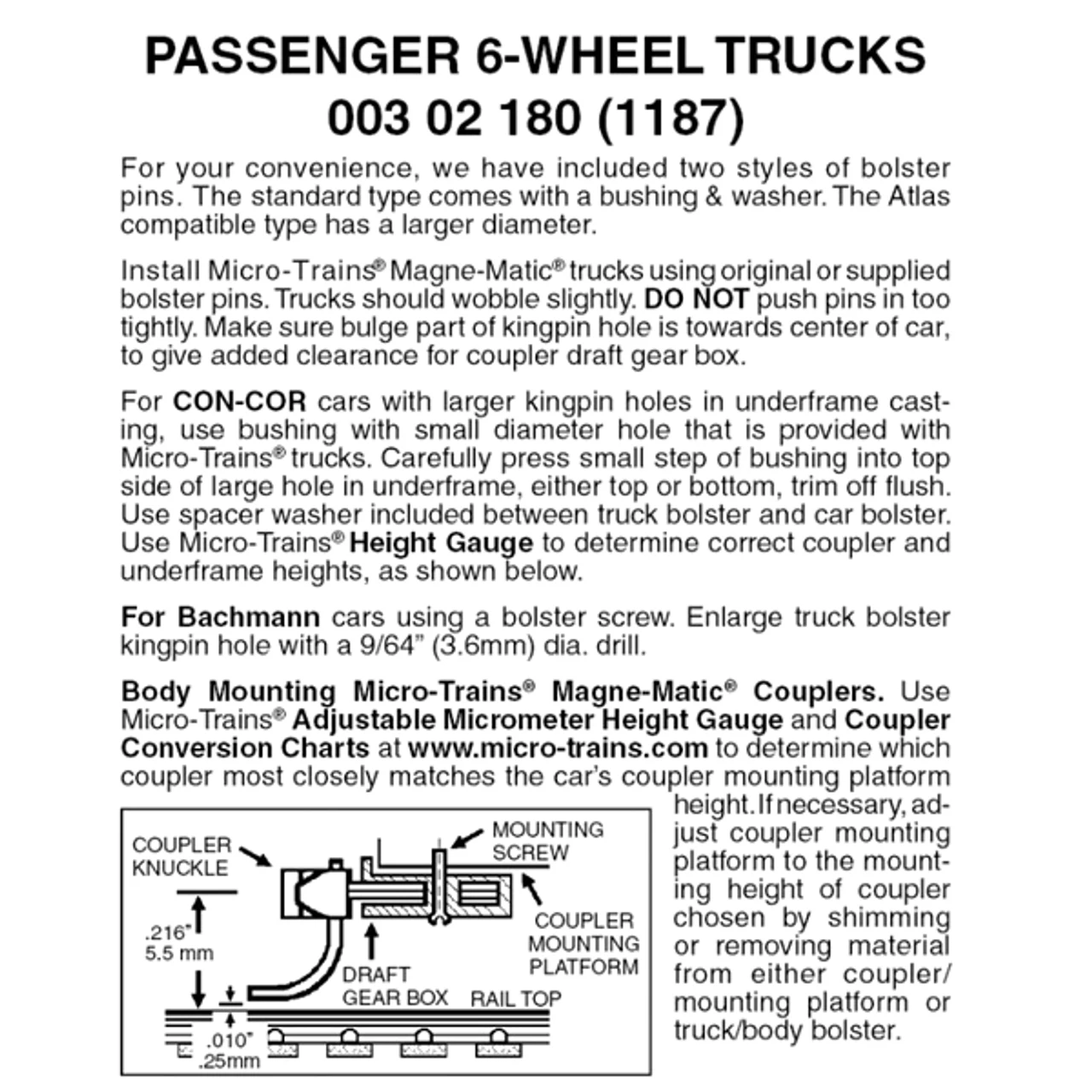Micro-Trains 00302180 - 6-wheel Passenger Truck 36" Wheels (1187) 1 Pair 1 Micro-Trains 00302180 - 6-wheel Passenger Truck 36" Wheels (1187) 1 Pair