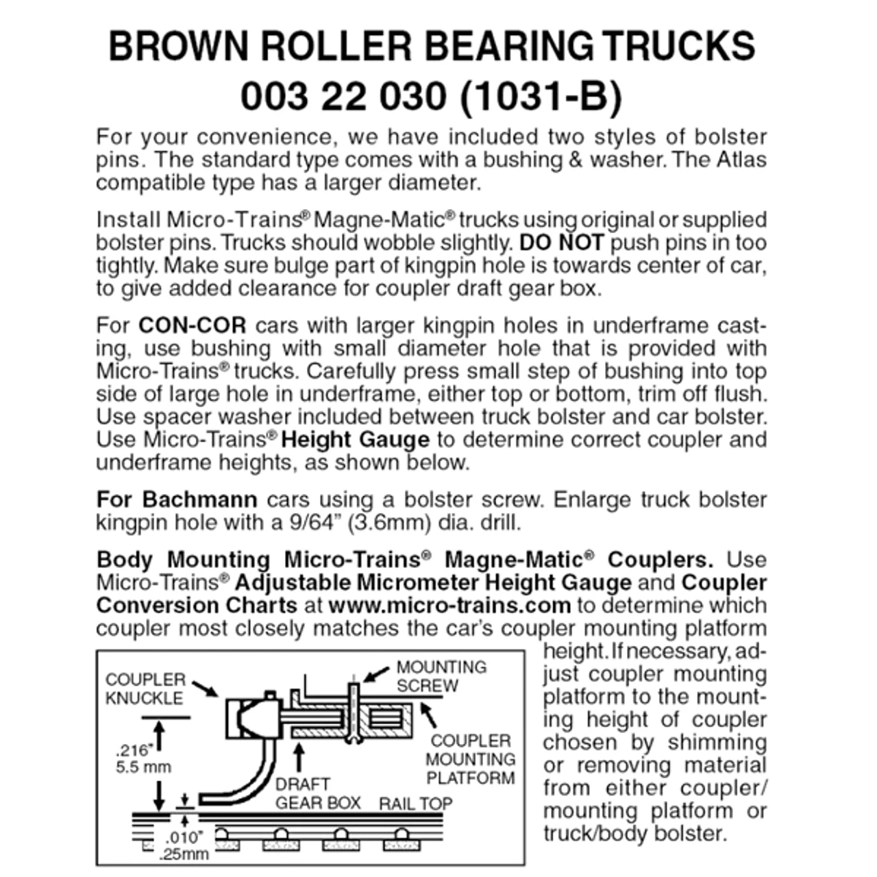 Micro-Trains 00322030 - Roller Bearing Trucks Without Couplers - Brown (1031-B) 1 Pair 1 Micro-Trains 00322030 - Roller Bearing Trucks Without Couplers - Brown (1031-B) 1 Pair