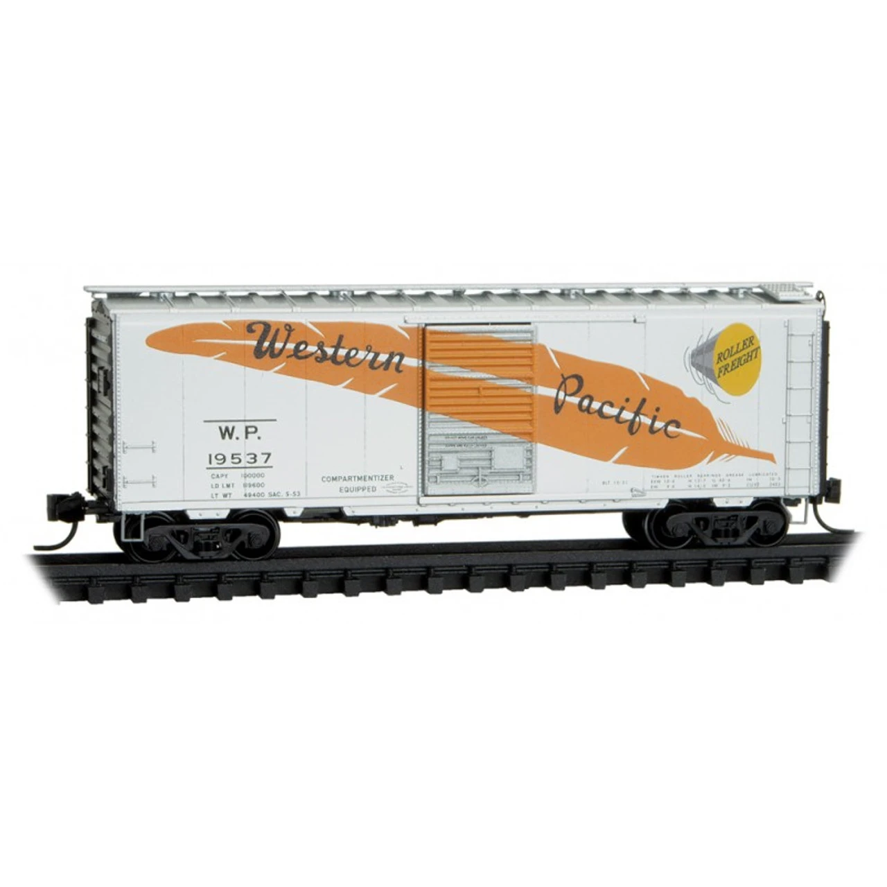 Micro-Trains Line 02000487 - 40' Single Door Boxcar With Roofwalk Western Pacific (WP) 19537 - N Scale 1 Micro-Trains Line 02000487 - 40' Single Door Boxcar With Roofwalk Western Pacific (WP) 19537 - N Scale
