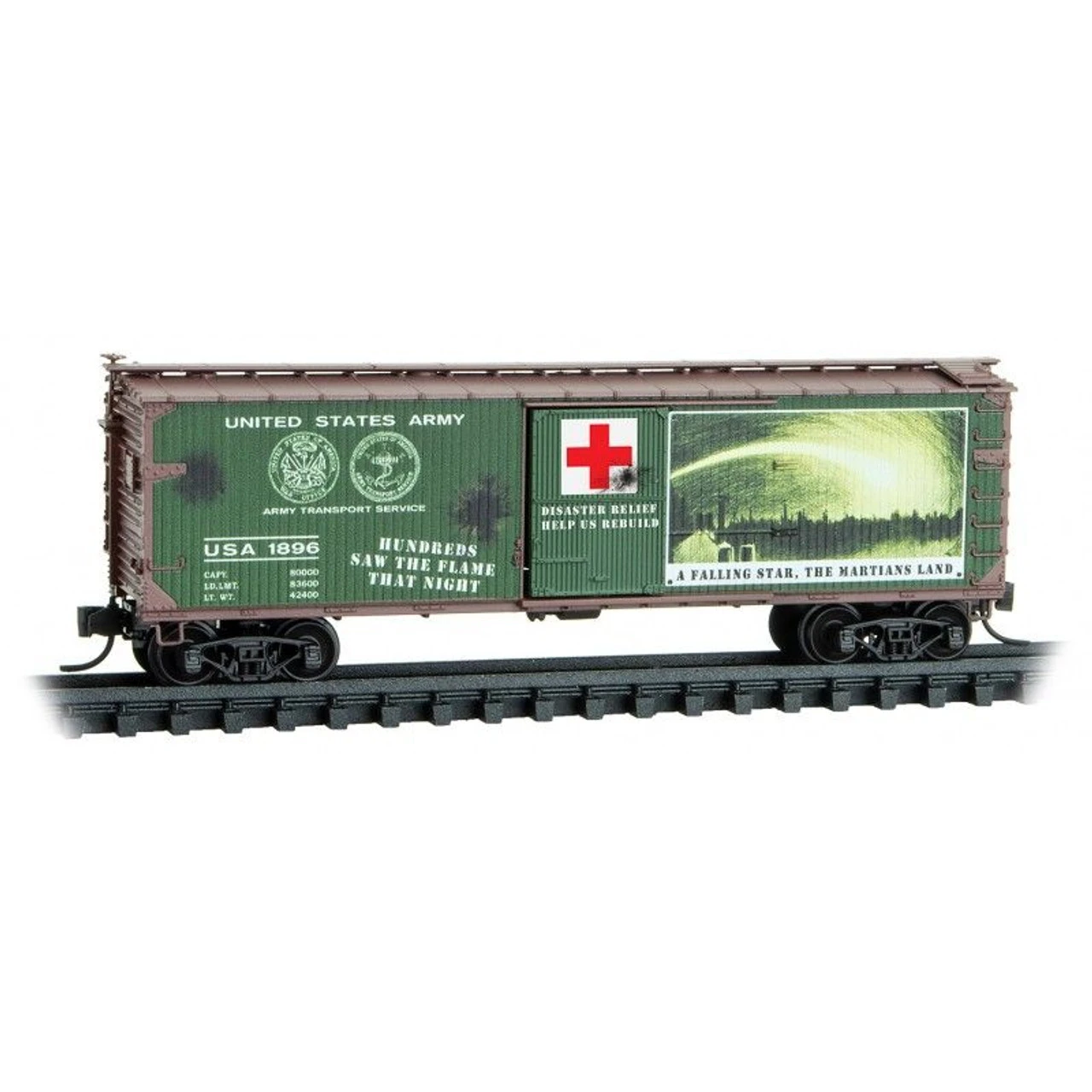 Micro-Trains Line 03900270 - 40' Wood Sheathed Boxcar W/ High Brakewheel And Roofwalk United States Army (USA) 1896 - N Scale 1 Micro-Trains Line 03900270 - 40' Wood Sheathed Boxcar W/ High Brakewheel And Roofwalk United States Army (USA) 1896 - N Scale