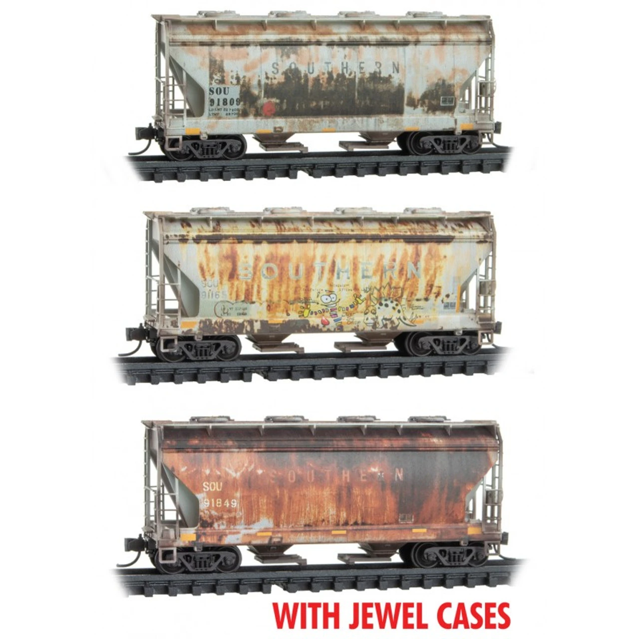 Micro-Trains Line 98305037 - 2-Bay Covered Hopper WEATHERED JEWEL 3pk Southern (SOU) 91809, 91165, 91850 - N Scale 1 Micro-Trains Line 98305037 - 2-Bay Covered Hopper WEATHERED JEWEL 3pk Southern (SOU) 91809, 91165, 91850 - N Scale