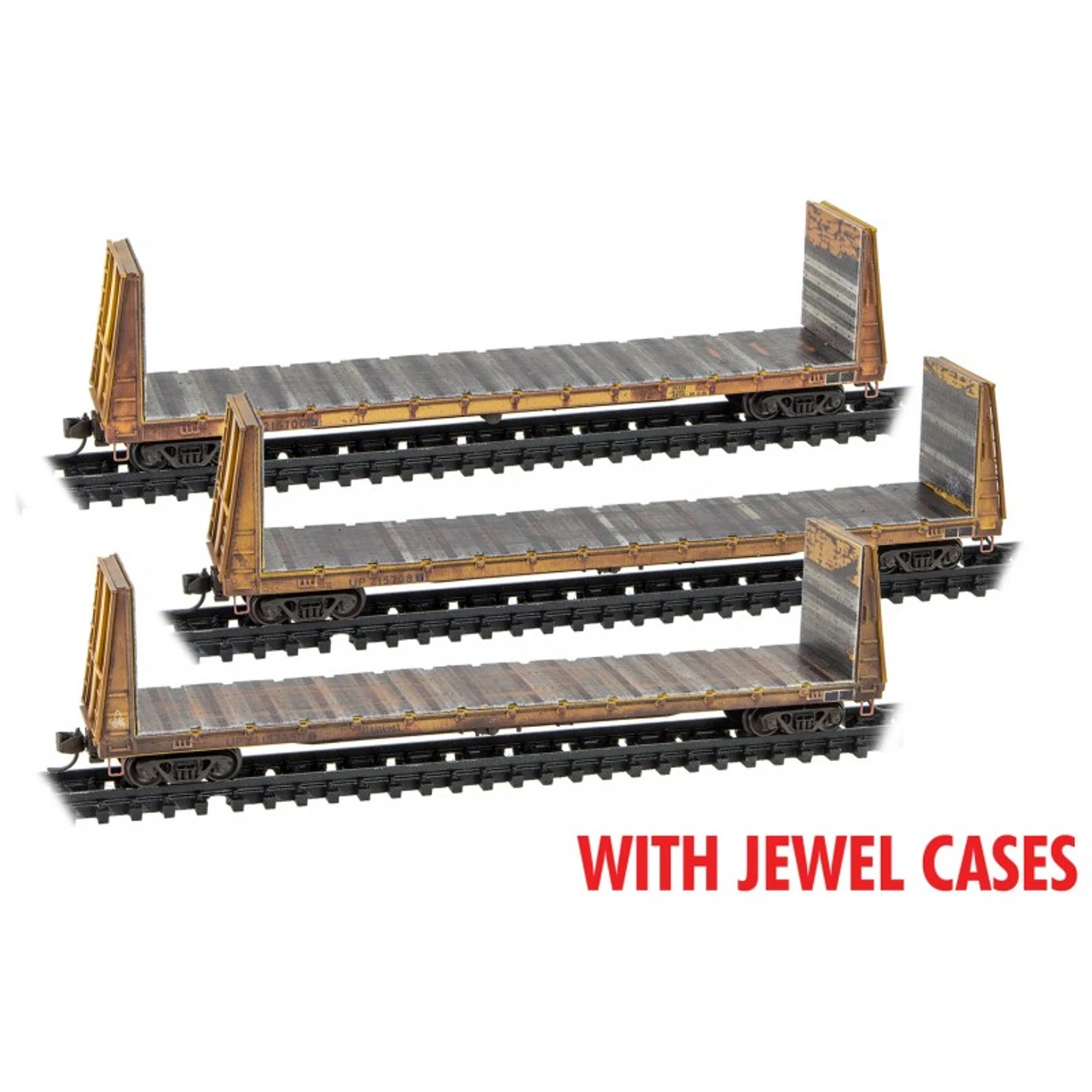 Micro-Trains Line 98305049 - 61' Bulkhead Flatcar WEATHERED JEWEL 3-PACK Union Pacific (UP) 215700, 215708, 215725 - N Scale 1 Micro-Trains Line 98305049 - 61' Bulkhead Flatcar WEATHERED JEWEL 3-PACK Union Pacific (UP) 215700, 215708, 215725 - N Scale