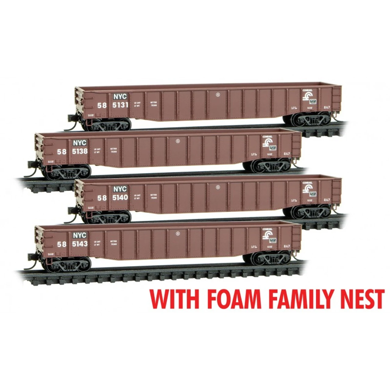Micro-Trains Line 99300200 - 50' Steel Side Gondola FOAM 4pk New York Central (NYC) 585131, 585138, 585140, 585143 - N Scale 1 Micro-Trains Line 99300200 - 50' Steel Side Gondola FOAM 4pk New York Central (NYC) 585131, 585138, 585140, 585143 - N Scale