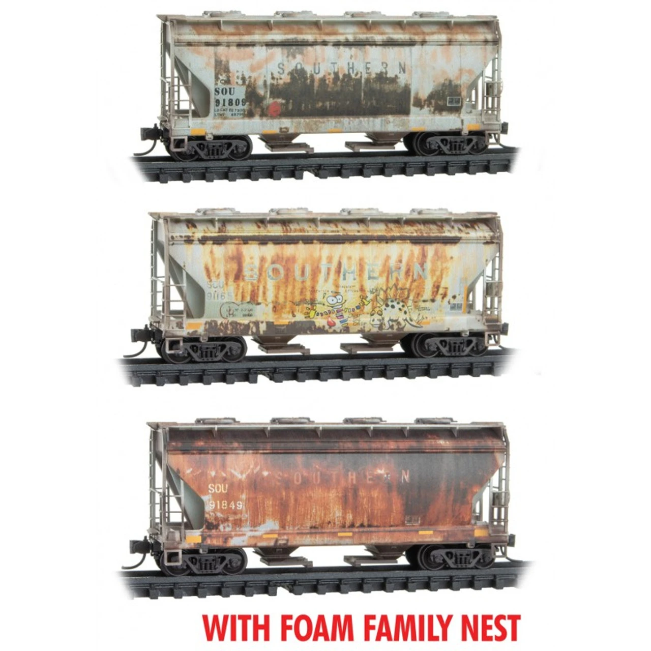 Micro-Trains Line 99305037 - 2-Bay Covered Hopper WEATHERED FOAM 3pk Southern (SOU) 91809, 91165, 91849 - N Scale 1 Micro-Trains Line 99305037 - 2-Bay Covered Hopper WEATHERED FOAM 3pk Southern (SOU) 91809, 91165, 91849 - N Scale