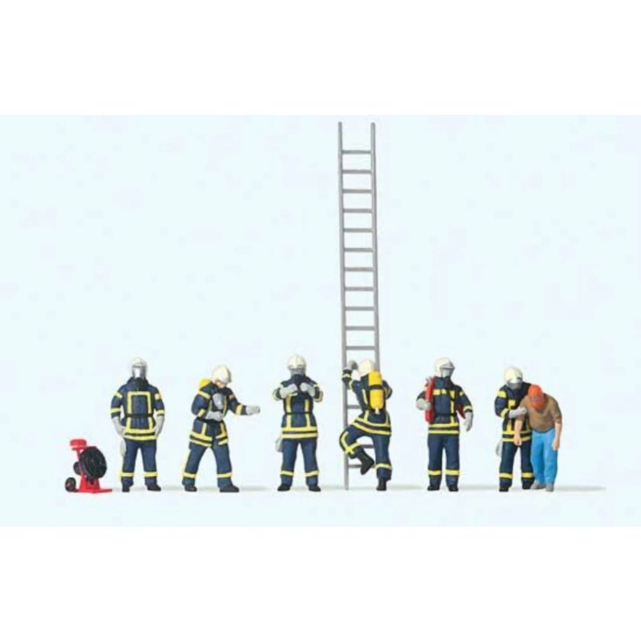 Preiser 10765 - Modern Firefighters With Breathing Apparatus -- 6 Figures In Blue Uniforms, 1 Rescued Man, Accessories - HO Scale 1 Preiser 10765 - Modern Firefighters With Breathing Apparatus -- 6 Figures In Blue Uniforms, 1 Rescued Man, Accessories - HO Scale
