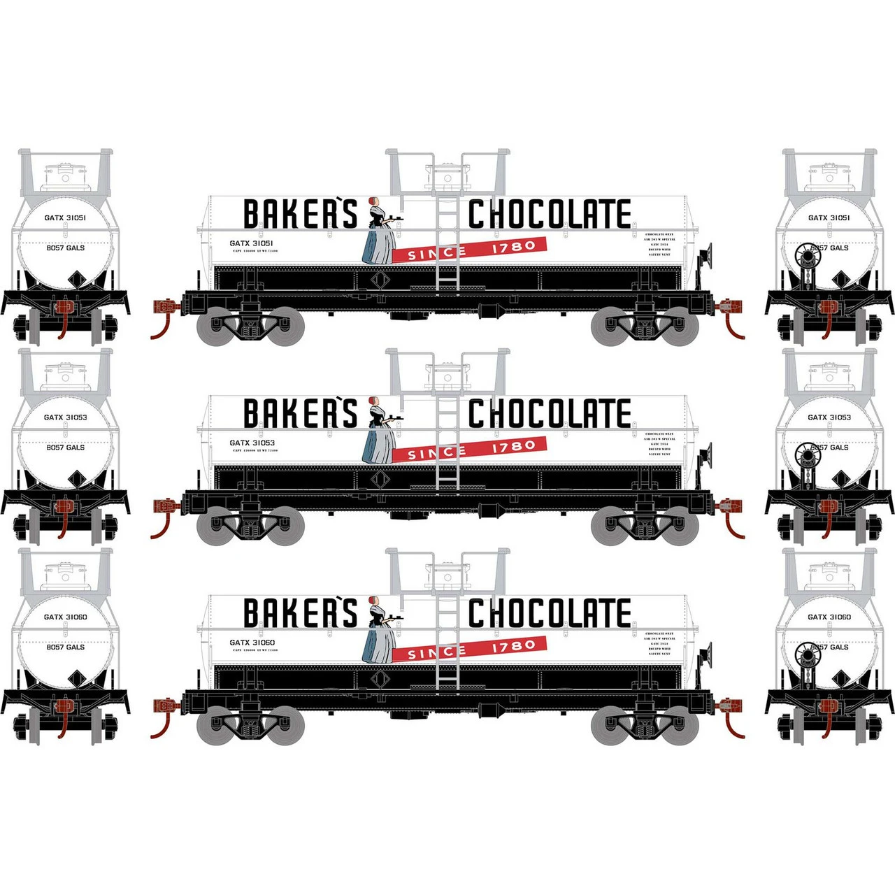 Athearn Roundhouse 72994 - Chemical Tank Car Baker Chocolates (GATX) 31051, 31053, 31060 - HO Scale 1 Athearn Roundhouse 72994 - Chemical Tank Car Baker Chocolates (GATX) 31051, 31053, 31060 - HO Scale